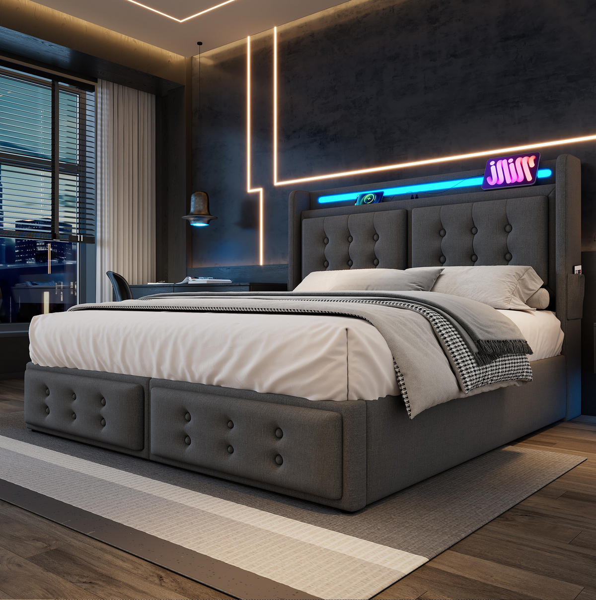 ČALÚNENÁ posteľ z bavlneno-ľanovej látky 160x200 cm sivá s LED osvetlením, USB-C a úložným priestorom - sivá, textil (160/200cm) - Modfu