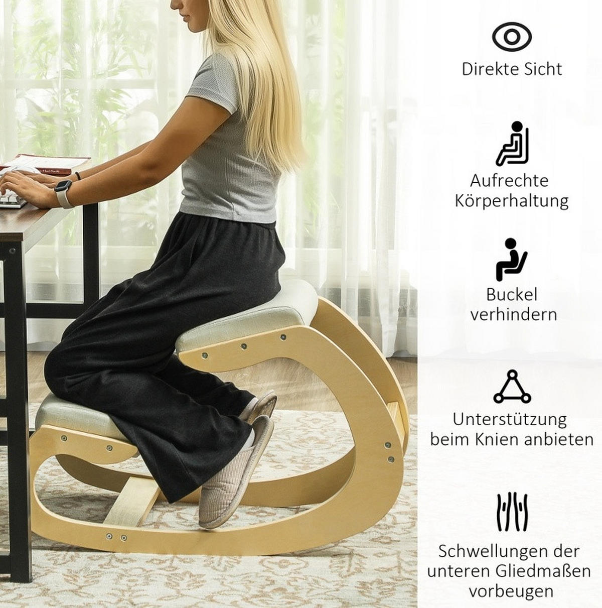 KNIEHOCKER in Cremeweiß 85x55x55 cm mit Schaukelfunktion - Creme, Holz (55/55/85cm) - IVMEU