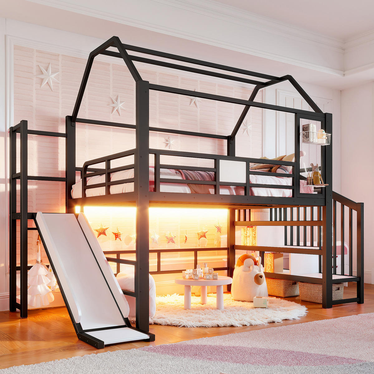 HOCHBETT 140/200cm mit Rutsche, LED/Treppe, Metall, Schwarz - Schwarz, Metall (140/200cm) - LVHOM