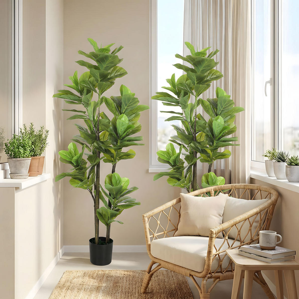 KUNSTPFLANZE 2er-Set DE-16648 150 cm, Geigenfeigen-Design Grün - Grün, Kunststoff (150cm) - ComfortXL
