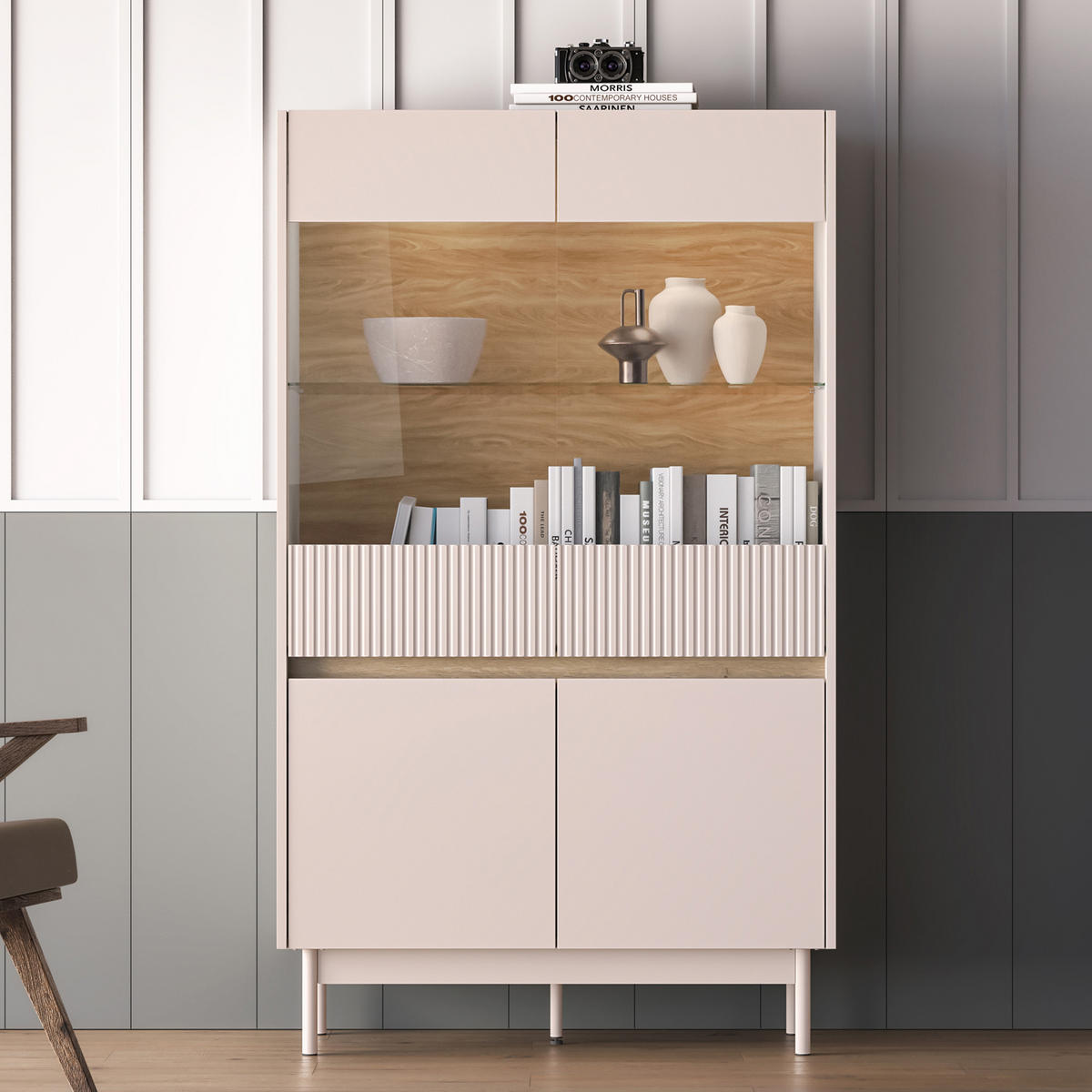 VITRINENSCHRÄNK NALIA, Vitrine, Creme/Eiche - Eichefarben/Creme, Glas/Holzwerkstoff (92/156/40cm) - KONSIMO®