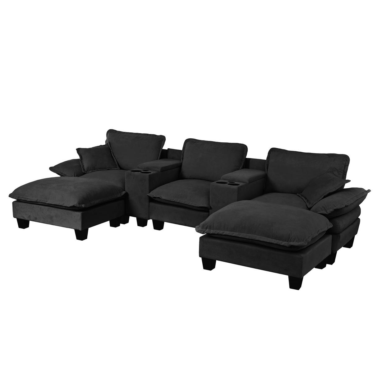 WOHNLANDSCHAFT Schwarz 323/151/90 cm 5-Sitzer mit Stauraum & USB - Schwarz, Textil (323/90/151cm) - PANGIVO