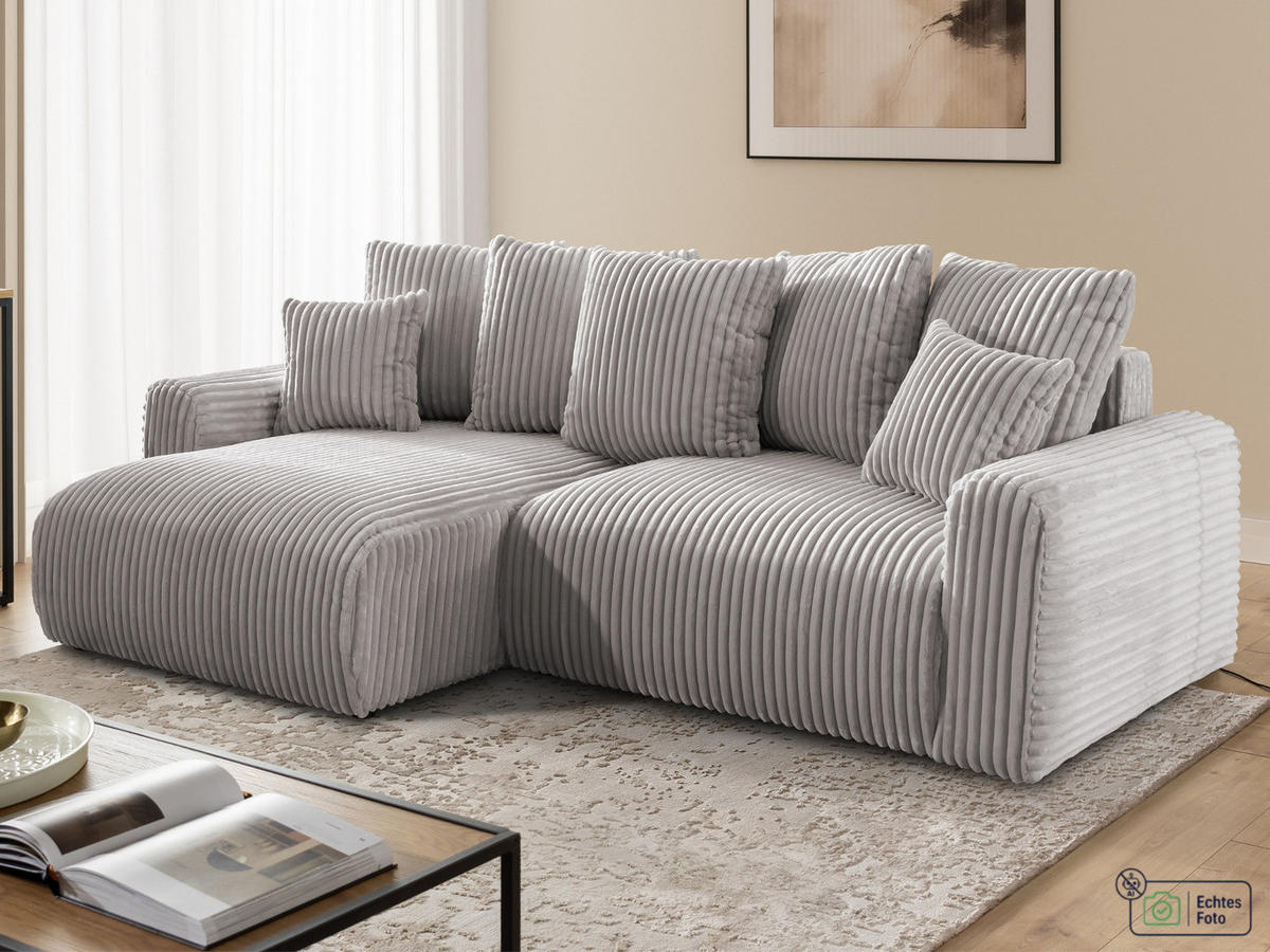 ECKSOFA Calma mit Schlaffunktion und Bettkasten im Bumpy-Design aus weichem Hellgrau Plüschcord - Ottomane links - Hellgrau/Schwarz, Holz/Kunststoff (239/140cm) - S-Style