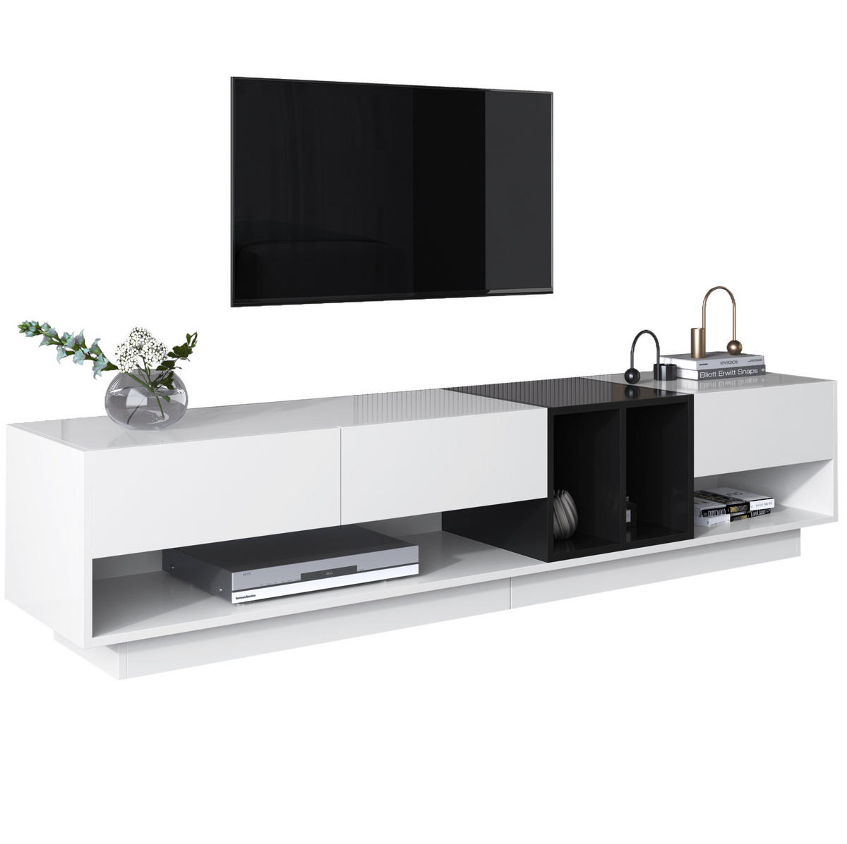 TV-SCHRANK aus Spanplatte 190x40x42 cm Weiß/Schwarz mit 3 Schubladen und 2 offenen Fächern in Hochglanz - Schwarz, Holzwerkstoff (190/42/40cm) - Modfu
