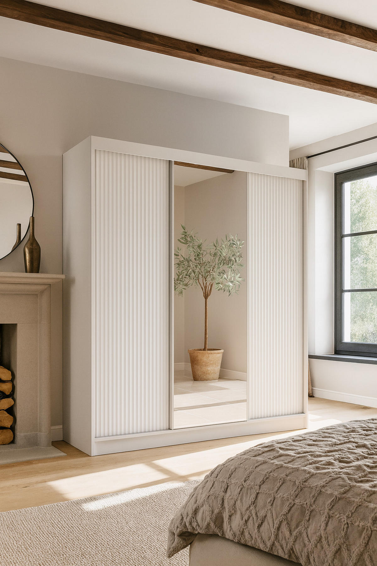 SCHWEBETÜRENSCHRANK Rafi mit Spiegel und mit geriffelten Fronten, 200 cm, Weiß - Weiß, Holzwerkstoff (200/215/61cm) - AN-Moebel 4u