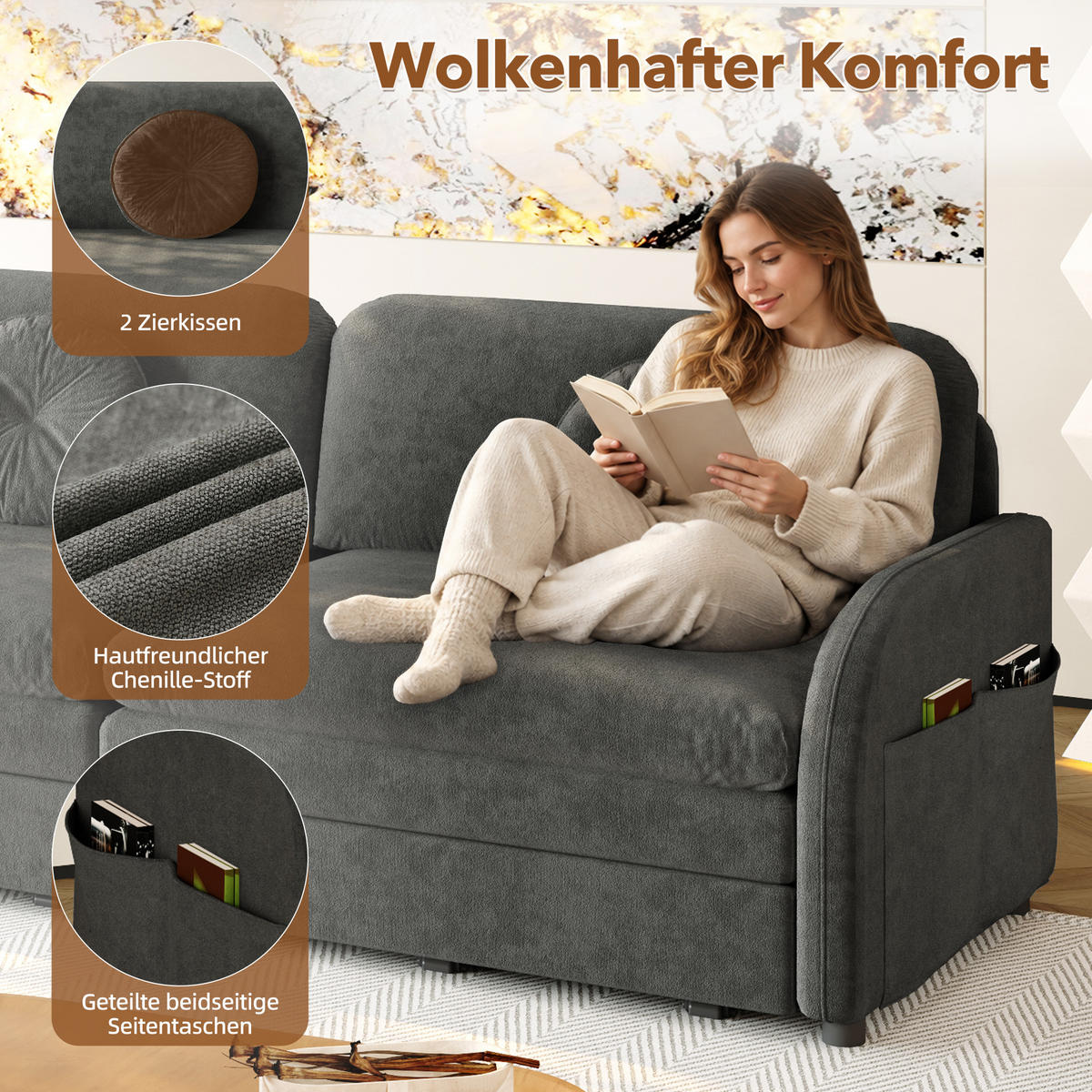 SCHLAFSOFA 3-in-1 ausziehbar 206 cm mit Stautaschen, DE-42862, Grau - Grau, Metall (205/89/84cm) - ComfortXL