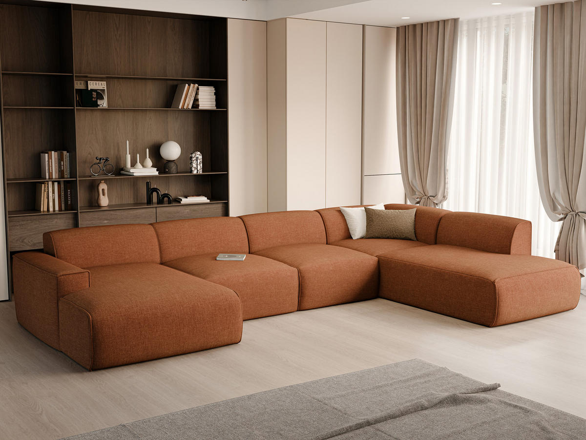 WOHNLANDSCHAFT DOVE Chenille-Stoff in Orange - Orange, Holzwerkstoff/Kunststoff (300/85/200cm) - Idohome