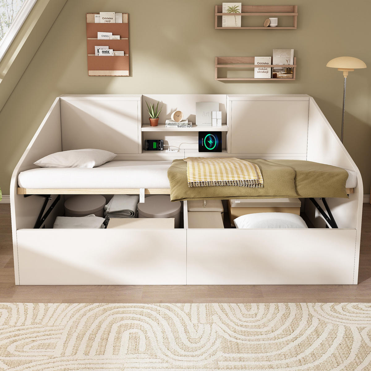 TAGESBETT 90/190 cm Weiß aus Massivholz mit Hydraulik-Stauraum - Weiß, Holzwerkstoff (90/190cm) - OKWISH