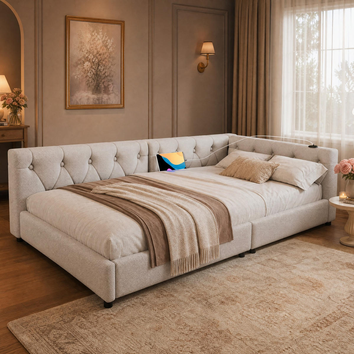 POLSTERBETT 90/200 mit 7-farbiger LED, USB/Type-C und Knopfsteppung in Beige - Beige, Holzwerkstoff/Textil (90/200cm) - EVRYAE