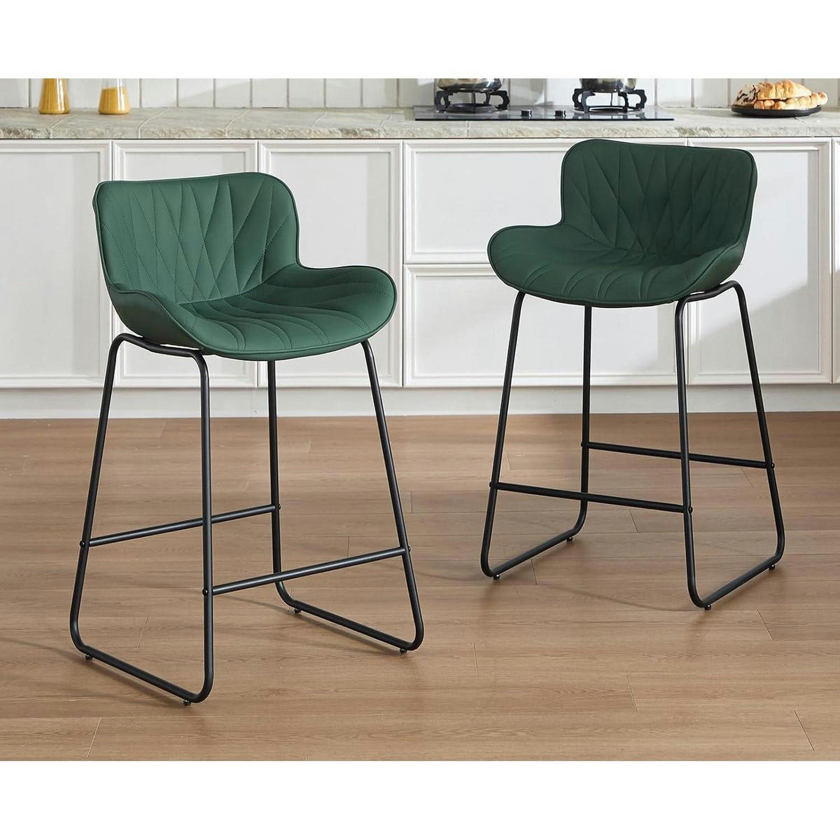 BARHOCKER 4er Set Grün Steppdesign Kunstleder Metallfüße - Grün, Kunststoff (52.6/87/52.5cm)