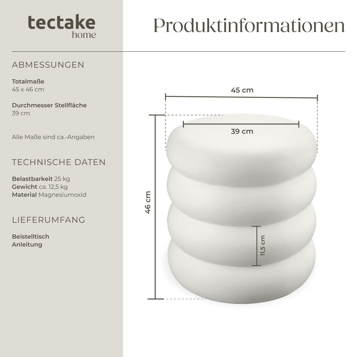 BEISTELLTISCH Adina, Ø 45 x 46 cm, creme - Creme, Keramik (45/45/46cm) - tectake