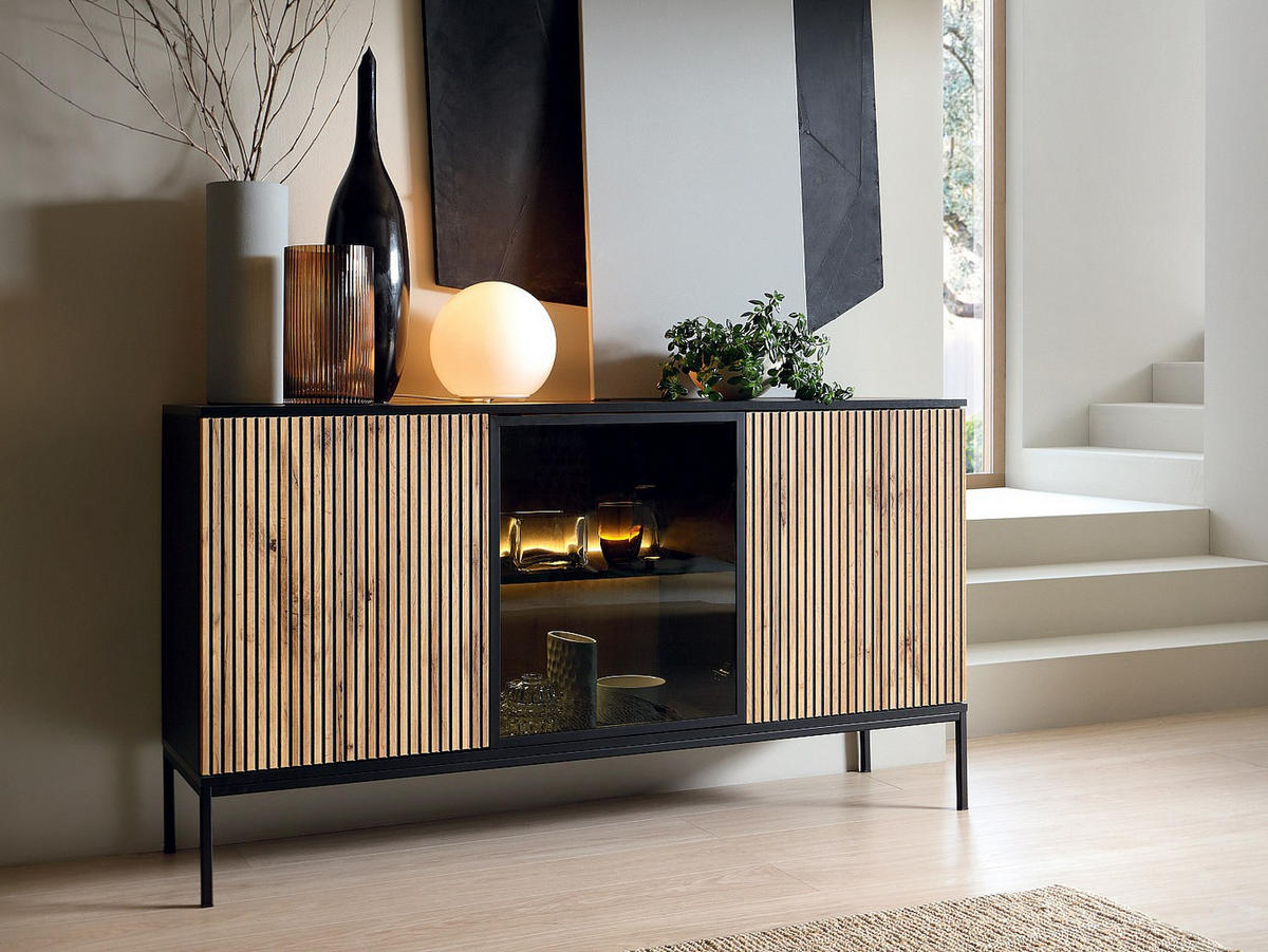 SIDEBOARD - 3 Türen - mit LED-Beleuchtung - MDF & Rauchglas - Schwarz & Holzfarben - OVILA - Schwarz, Holz (153.4/83.2/39cm) - Vente-Unique