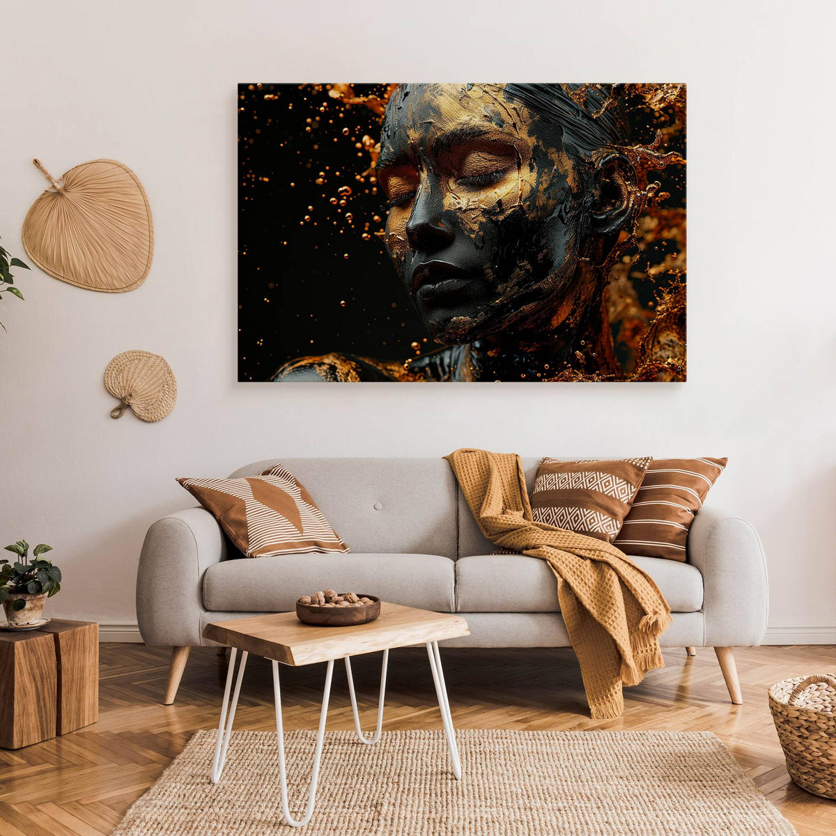 LEINWANDBILD für Wohnzimmer Porträt Frau Abstraktion Glamour 3D 120cm x 80cm - Beige/Schwarz, Textil (120/80cm) - Muralo