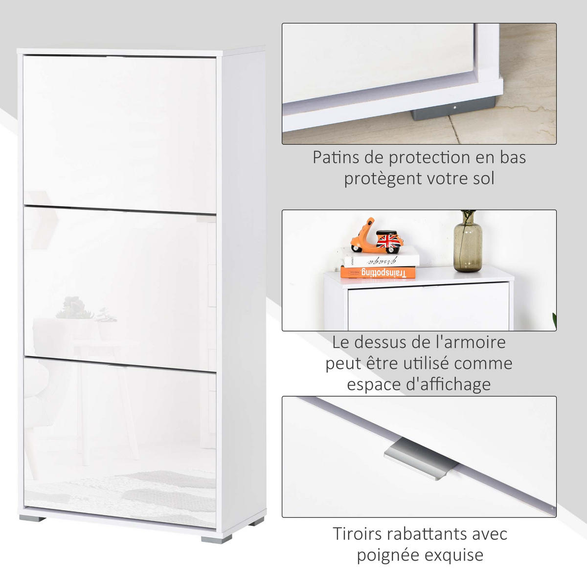 SCHUHSCHRANK DE-15007 3 Klapptüren mit 3 verstellbaren Ebenen Weiß Hochglanz - Weiß Hochglanz, Holzwerkstoff (60/124/26cm) - ComfortXL