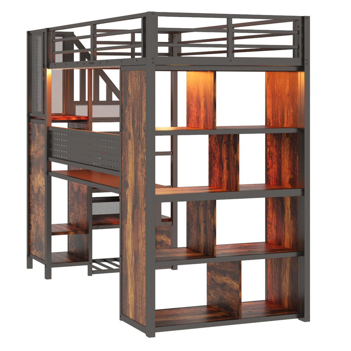 HOCHBETT 90/200 cm mit Stauraumtreppe, Schreibtisch, LED-Beleuchtung und Kleiderschrank, Schwarz - Schwarz, Holzwerkstoff (90/200cm) - Redom