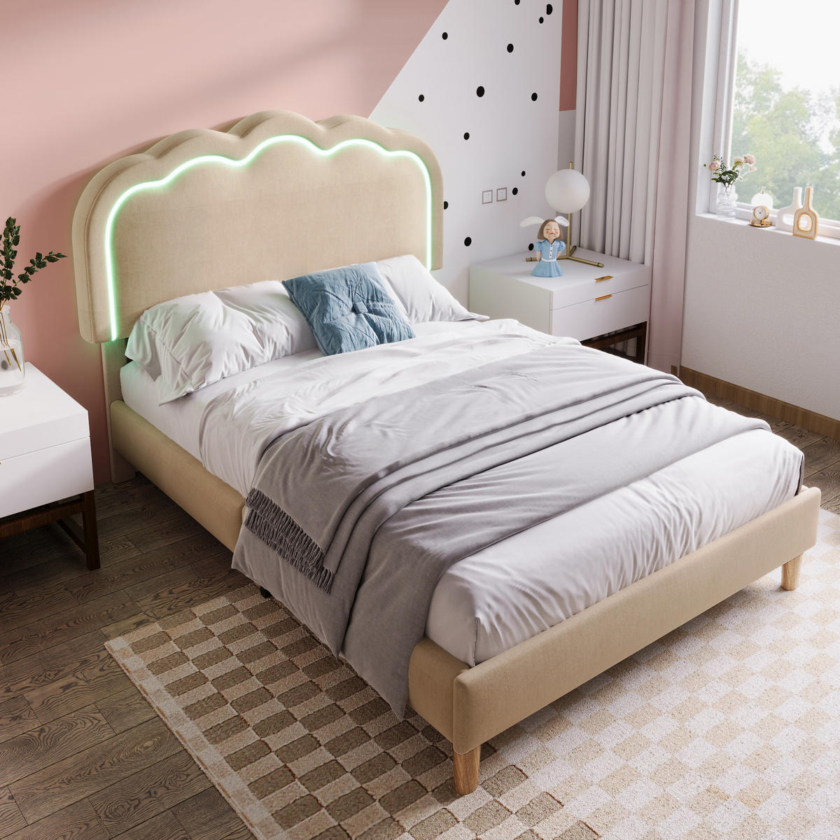 ČALÚNENÁ posteľ z ľanu 90x200 cm béžová s LED osvetlením, nastaviteľným čelom a stabilnou konštrukciou - béžová, textil (90/200cm) - Modfu