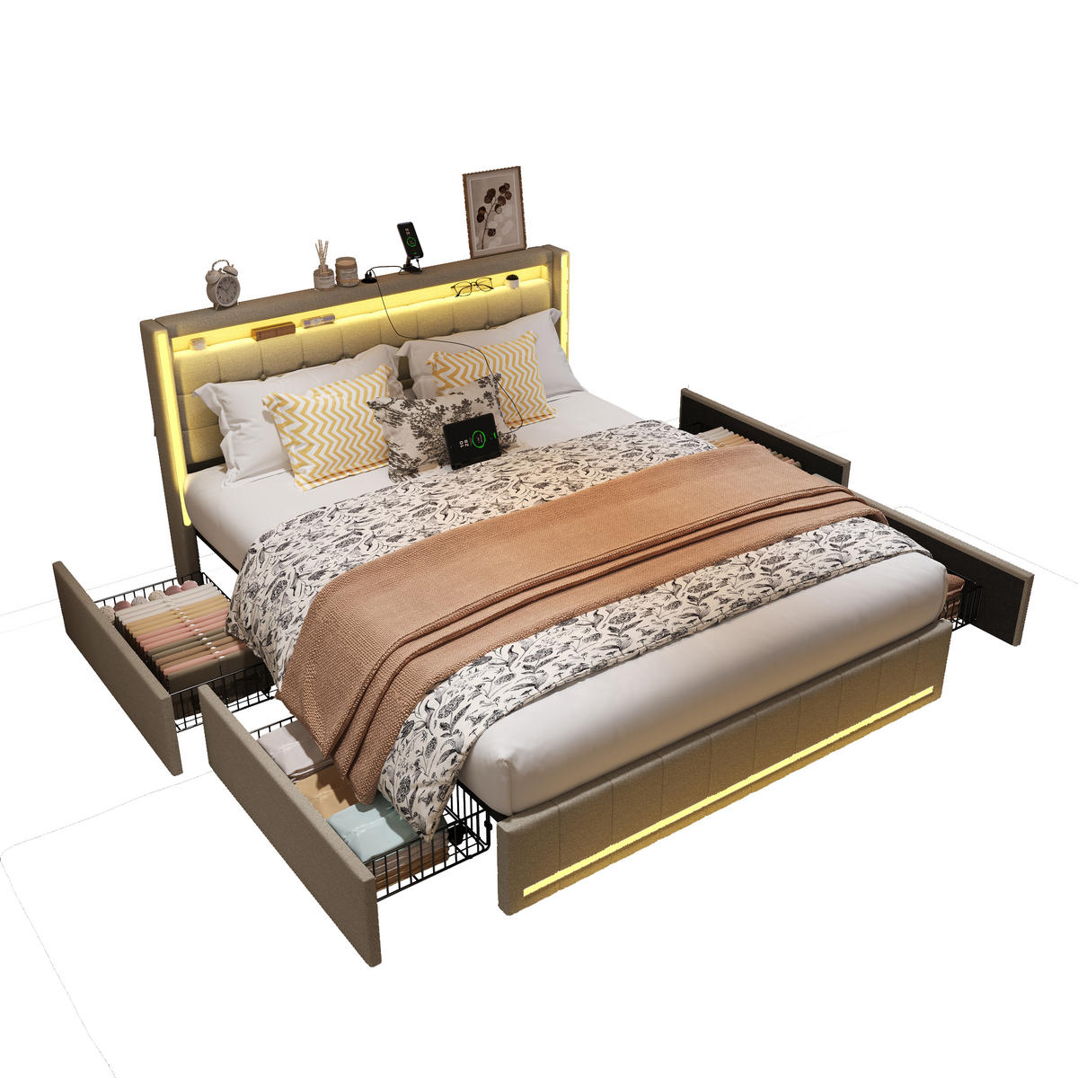 POLSTERBETT 180x200 cm LED 4 Schubladen USB Leinen grau - Beige, Holz (180/200cm) - LEBENLANG