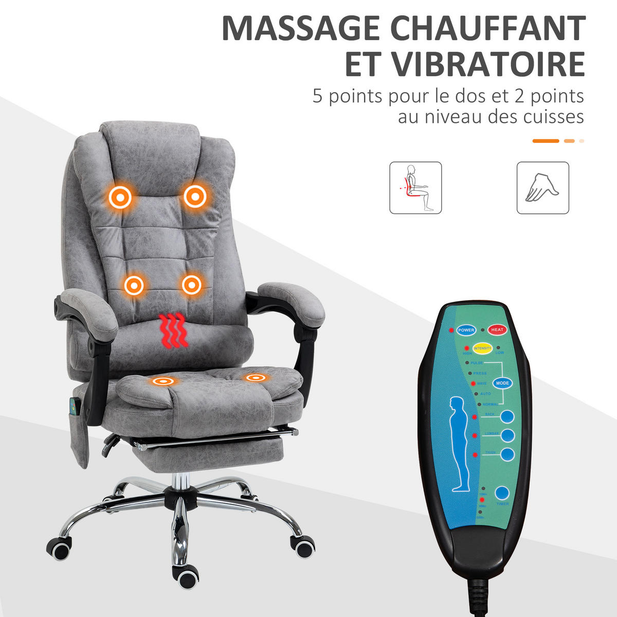 CHEFSESSEL DE-11814 Massage & Heizung Grau - Hellgrau, Metall (70/119/65cm) - ComfortXL