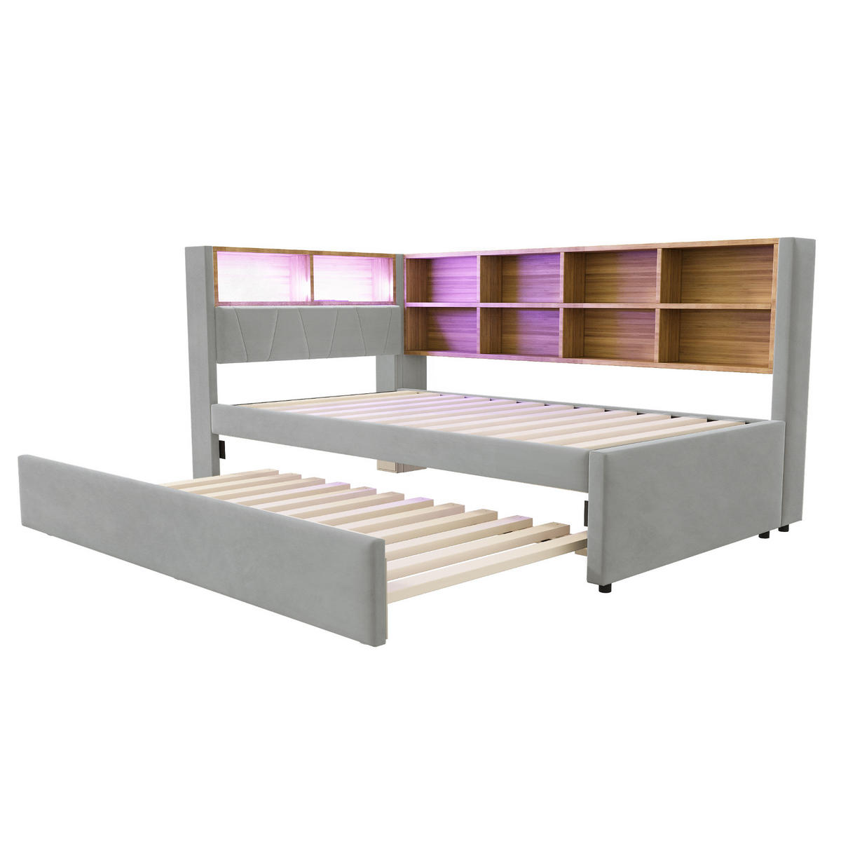 AUSZIEHBETT 90/200 cm DE-02095, in Hellgrau, mit LED, Steckdosen und Staufächern - Hellgrau, Metall (90/200cm) - ComfortXL