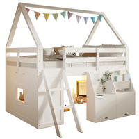 HOCHBETT aus MDF und Kiefernholz 140x200 cm Weiß mit Treppe, LED-Beleuchtung und Stauraum - Weiß, Holz (140/200cm) - IVMEU