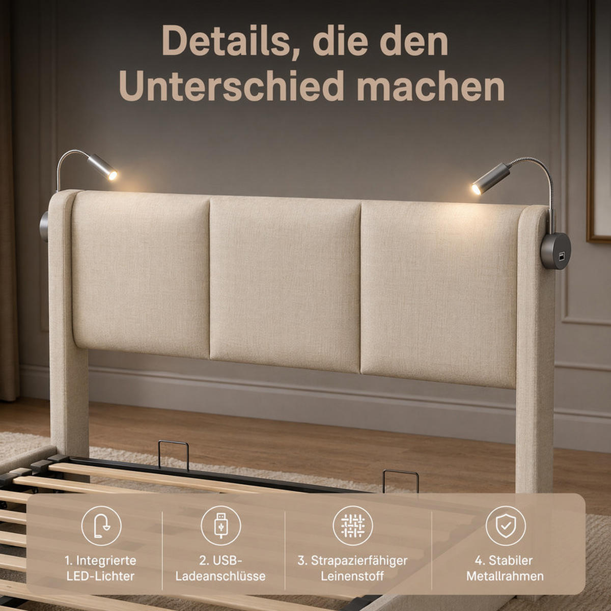 POLSTERBETT 160x200 cm Beige Leinen LED Gaslift Bettkasten - Beige, Holz (160/200cm) - SHOPENTRA