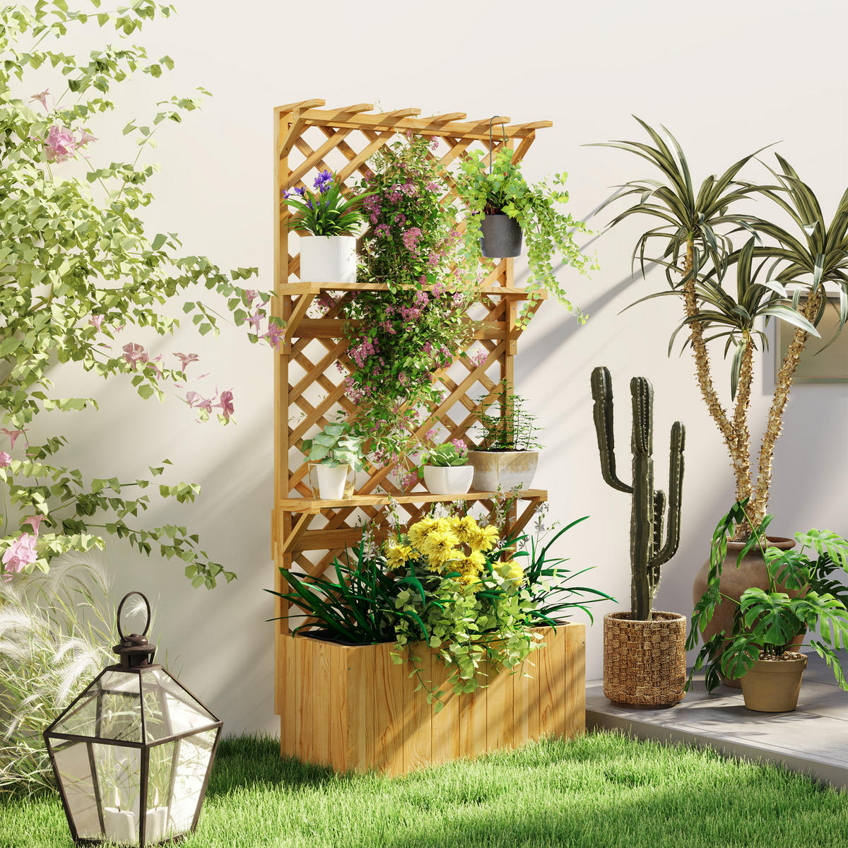 HOCHBEET, Pflanzbeet mit Rankgitter - Naturfarben, Holzwerkstoff (33/177/76cm) - Outsunny