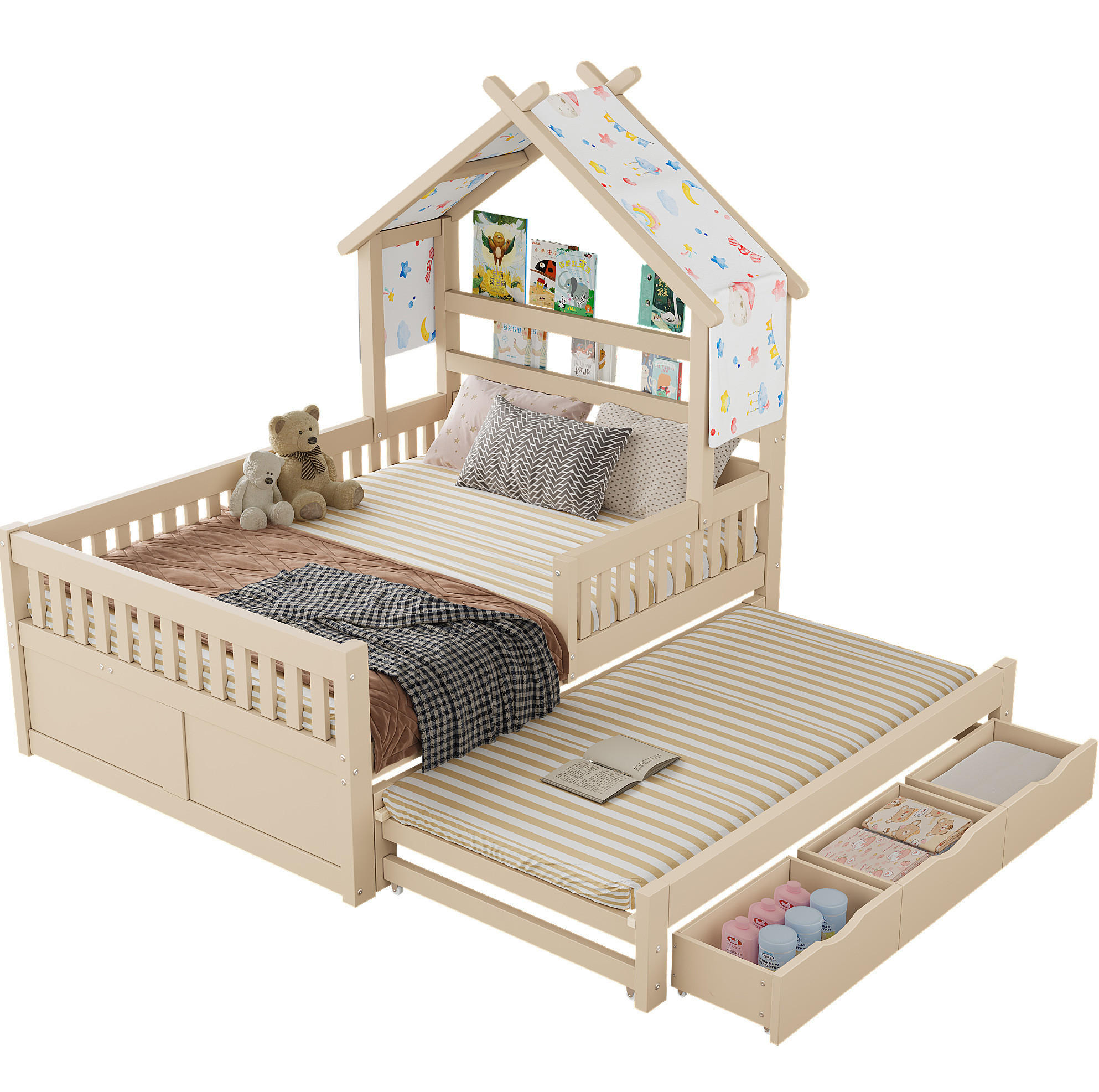 HAUSBETT 140/200 cm in Creme mit Ausziehbett, 3 Schubladen und Sicherheitsgittern - Creme, Holz/Holzwerkstoff (140/200cm) - CHICFURN