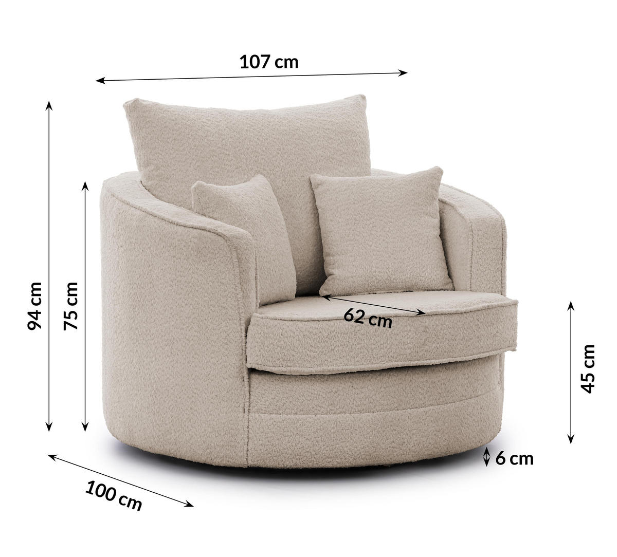 DREHSESSEL Ted aus Beige Boucle-Stoff - Beige/Schwarz, Holz/Textil (107/94/100cm) - S-Style Möbel