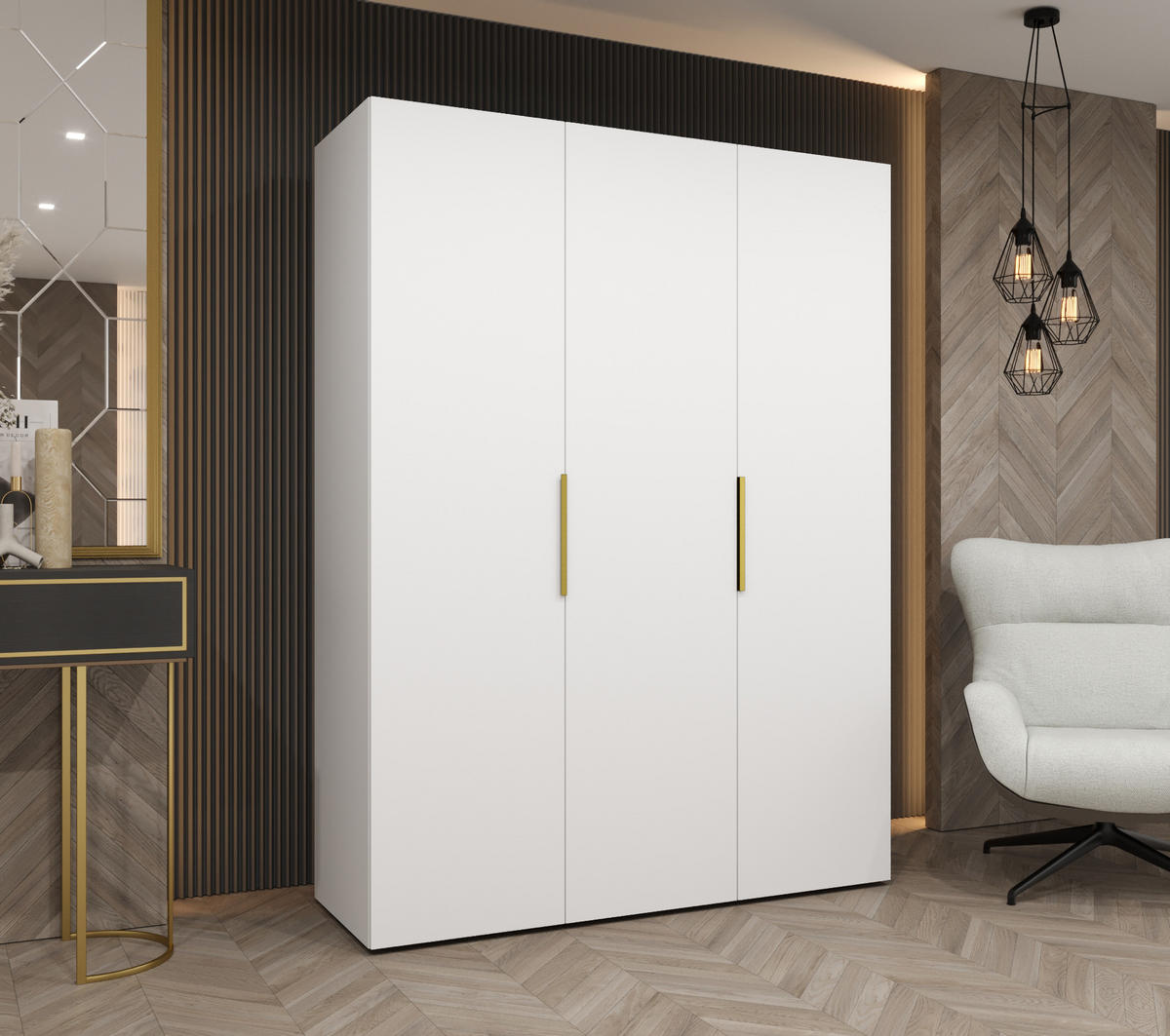 DREHTÜRENSCHRANK 202/150/52 3-türig - Goldfarben/Weiß, Holz (150/202/52cm) - MÖBEL KRYSPOL