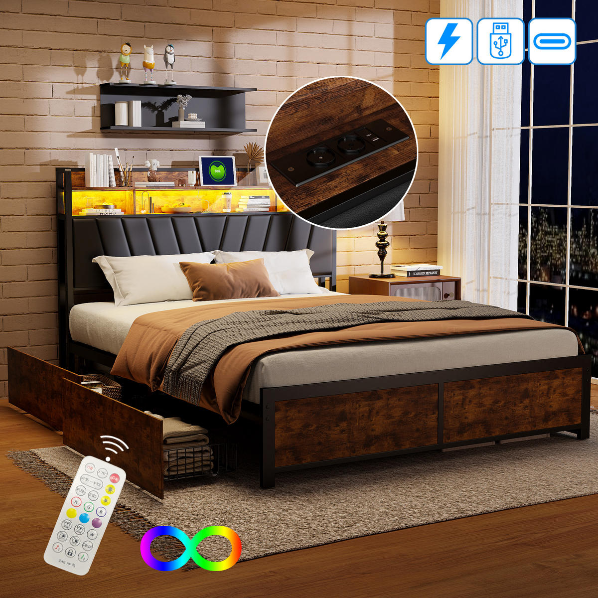 METALLBETT 180x200 cm LED USB Lattenrost PU Kopfteil schwarz - Schwarz, Holz (180/200cm) - Fortuna Lai