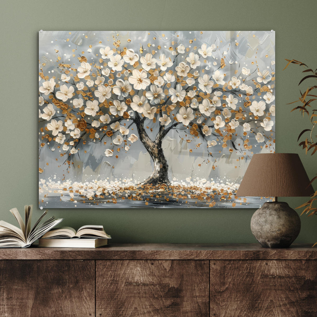 ACRYLGLASBILD Baum - Blumen - Weiß - Natur - Kunst 80x60 cm - Weiß, Glas (80/60cm) - MuchoWow