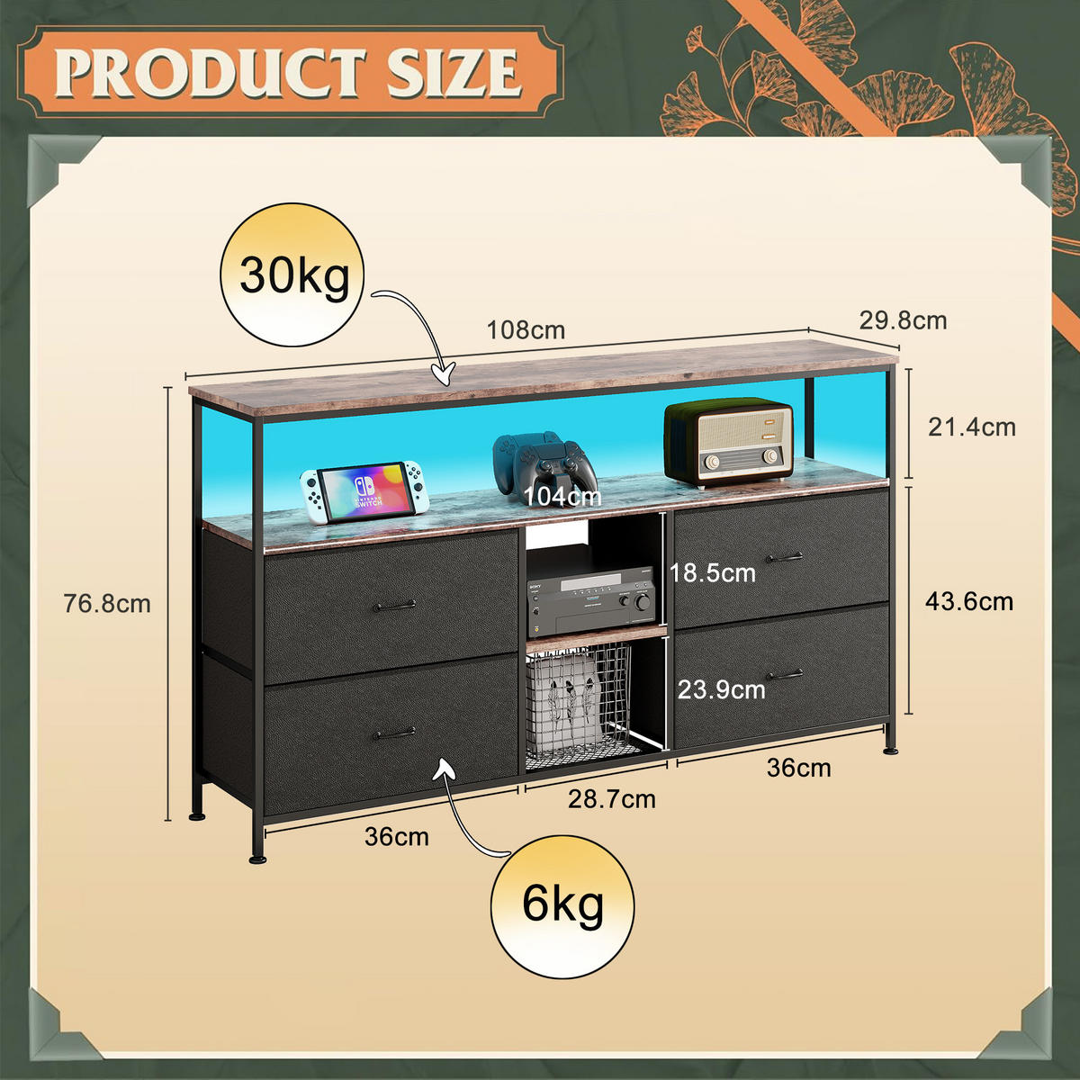 LED TV-TISCH 108cm schwarze PU Schubladen verstellbar - Schwarz, Holzwerkstoff (29.8/76.8/108cm) - SHOPENTRA