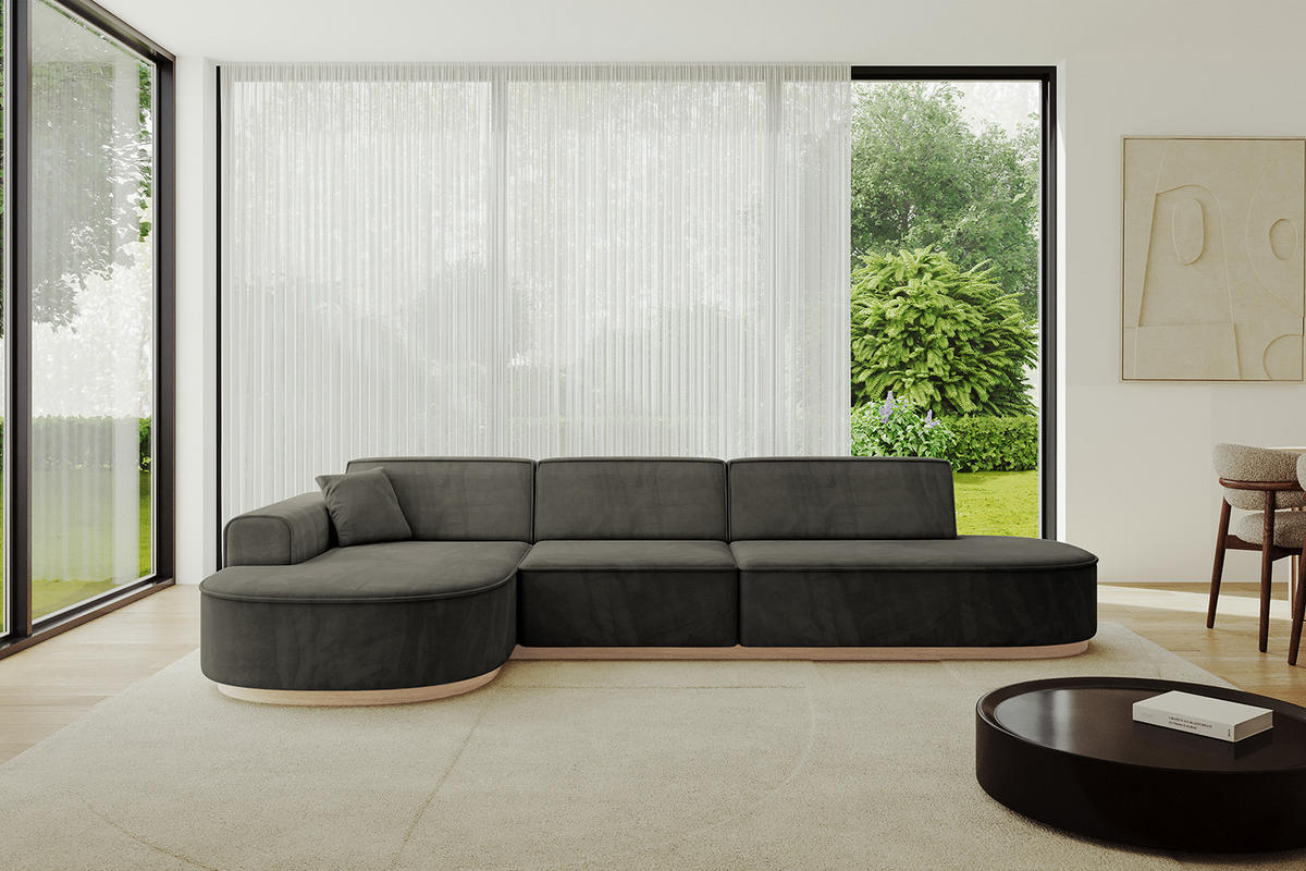 ECKSOFA Ottomane Links MARI-L2-v1 - 328x171x83 cm Schwarz Velours - Schwarz, Holzwerkstoff/Textil (328/171cm) - ALTDECOR