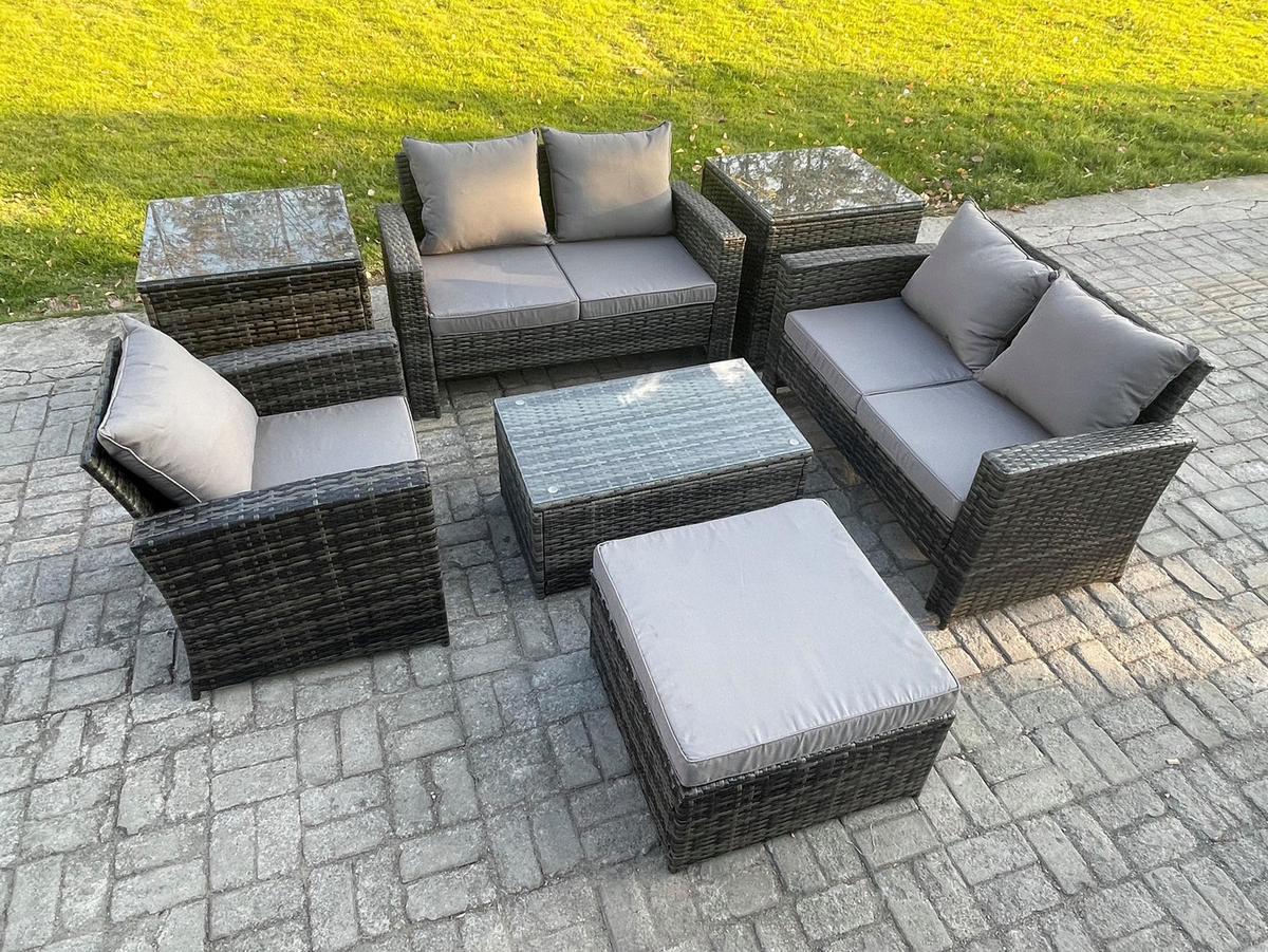 GARTENMÖBELSET mit Hockern Polyrattan Dunkelgrau 6-Sitzer - Dunkelgrau, Metall - Fimous