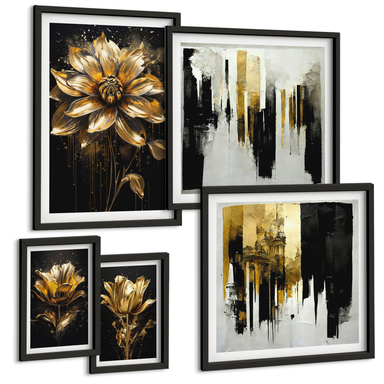 BILDER SET 5er Set - 50x50 cm & 20x30 cm & 40x60 cm Schwarzer Rahmen - Blumenbrücke – Lebensinspiration - Schwarz, Kunststoff (40/60cm) - TULUP