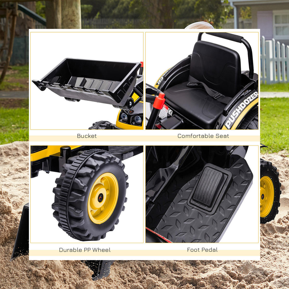 KINDER Elektrobagger Sitzbagger Geländewagen mit Musik Schaufel Armen Gelb - Gelb, Metall (132/62/65cm) - HOMCOM