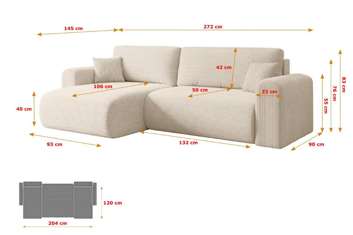 ECKSOFA mit Schlaffunktion und Bettkasten ORRO-L - 272x145x83 cm Beige Cord - Beige/Schwarz, Holzwerkstoff/Kunststoff (272/145cm) - ALTDECOR