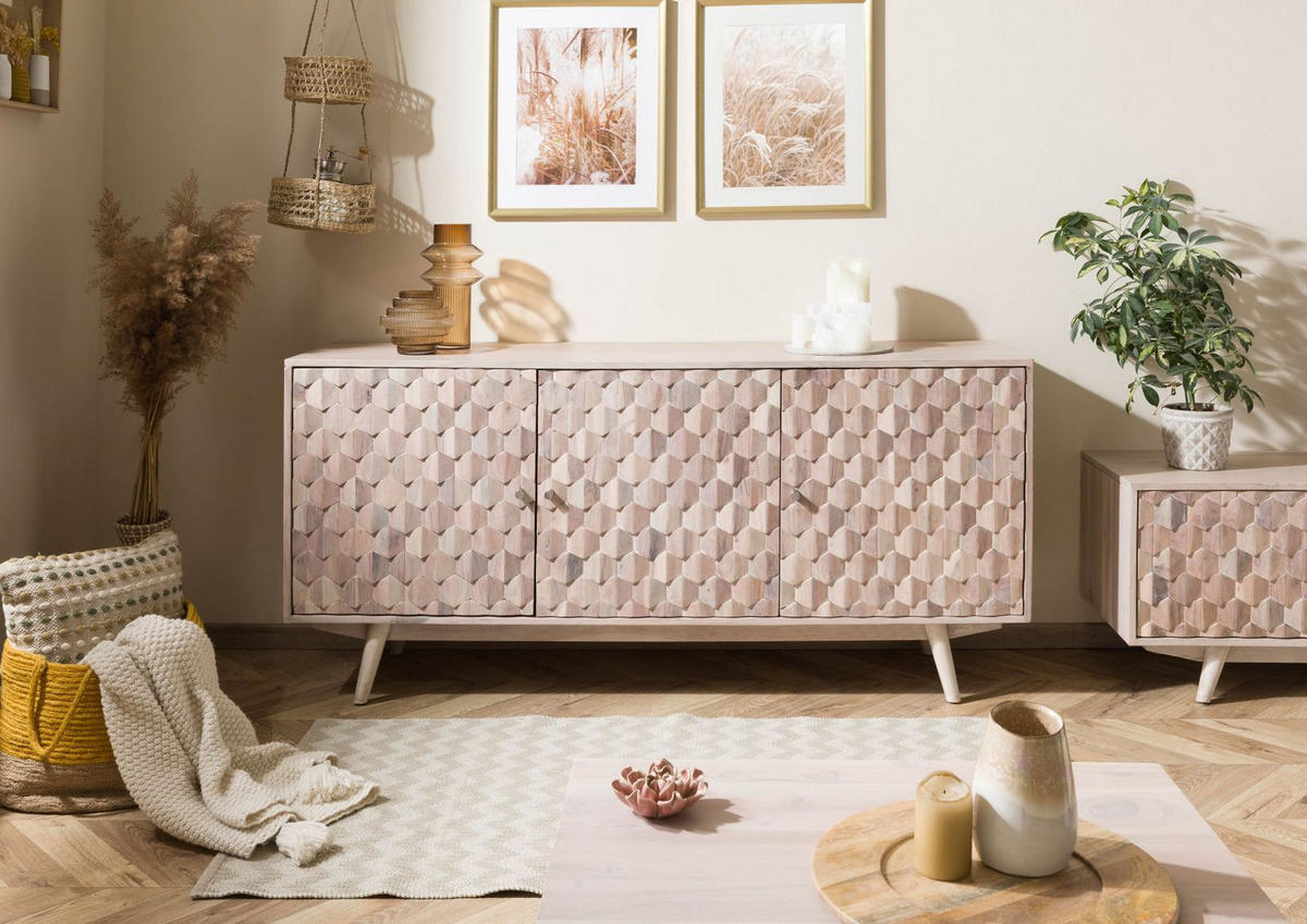 SIDEBOARD Akazie 160x42x75 weiß lackiert MOSAYK #210 - Weiß, Holz (160/75/42cm) - Massivmoebel24