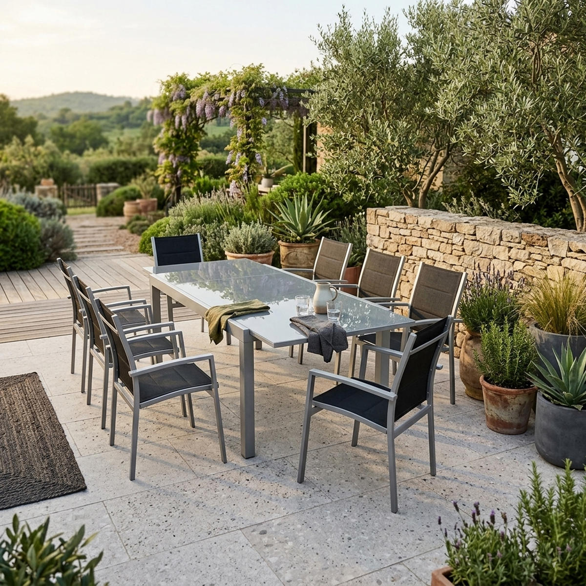 GARTEN-GARNITUR Ashford - 9-teilig Garten-Essgruppe (8x Stapelsessel mit Armlehnen, 1x Ausziehtisch 180/240x100cm), Gestell Aluminium - Schwarz, Metall - TPFGarden