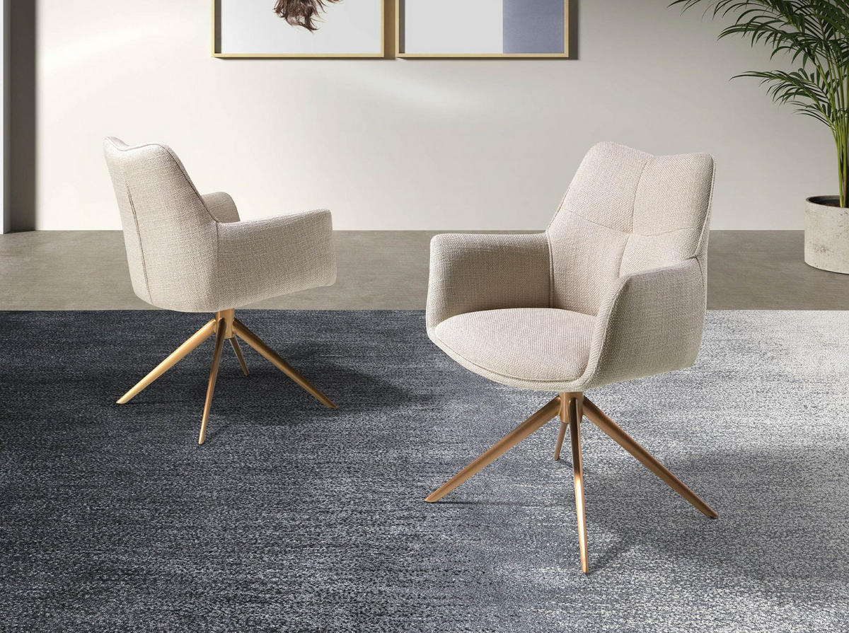 STUHL Drehstuhl aus cremefarbenem Stoff 61/63/85 cm - Ecru/Messingfarben, Textil/Metall (61/85/63cm) - ANGEL CERDA