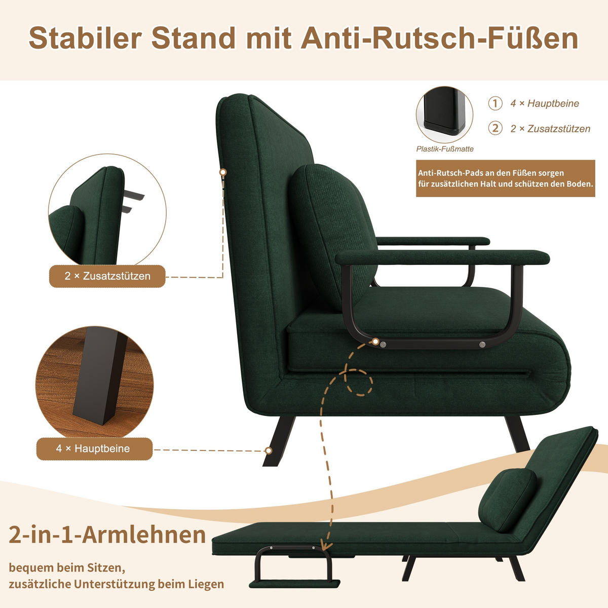 SCHLAFSESSEL 5-fach verstellbar und Liegefunktion, DE-42425, Dunkelgrün - Dunkelgrün, Metall (60/79/60cm) - ComfortXL