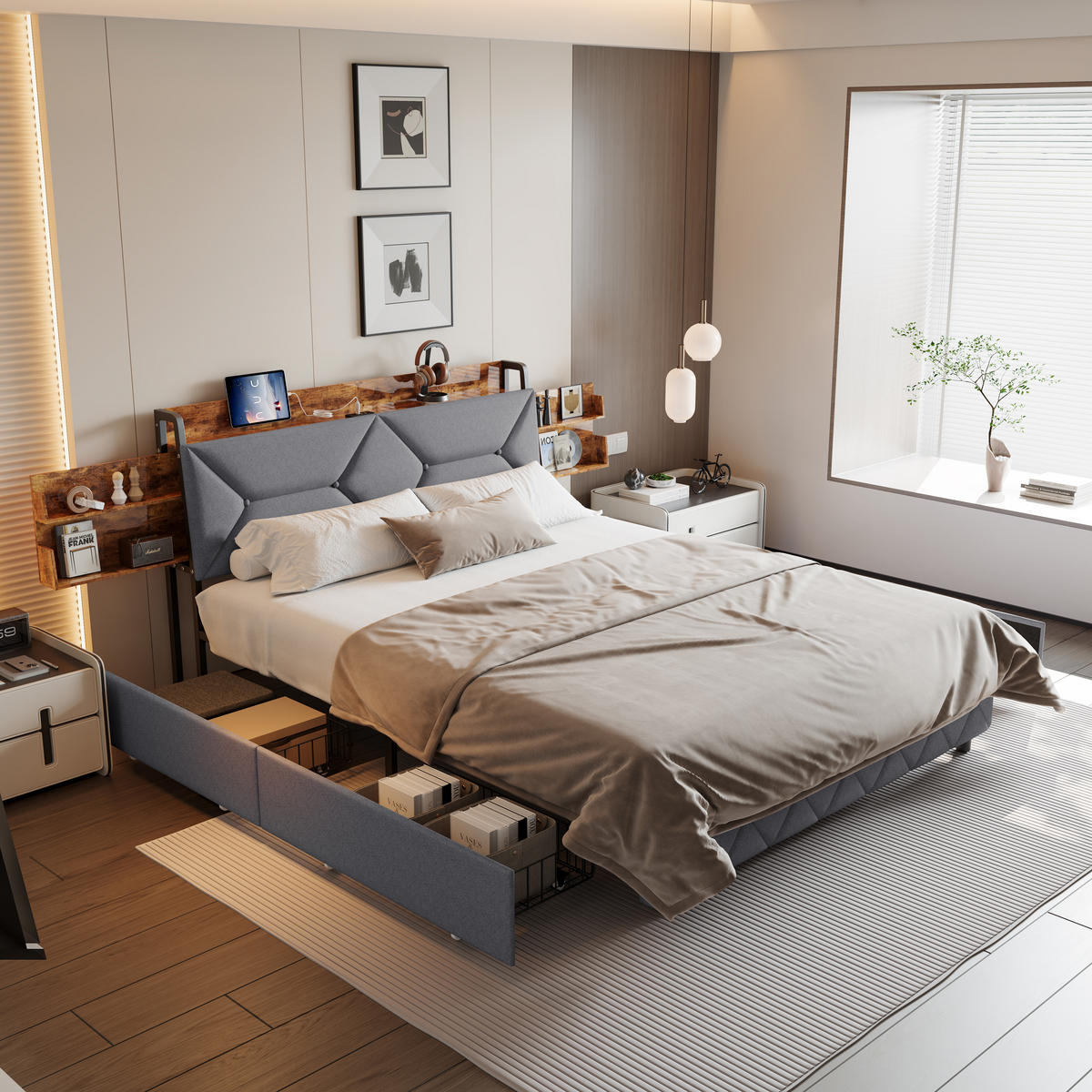 POLSTERBETT 160x200 cm mit Schubladen USB-Ladefunktion Doppelbett Grau - Grau, Holz (140/200cm) - PARAFTA HOME