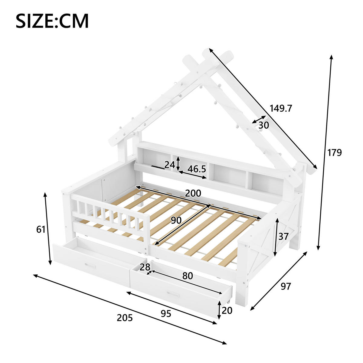 HAUSBETT 90/200 cm in Weiß mit LED, 2 Schubladen und Regal - Weiß, Holz/Holzwerkstoff (90/200cm) - WISHDOR