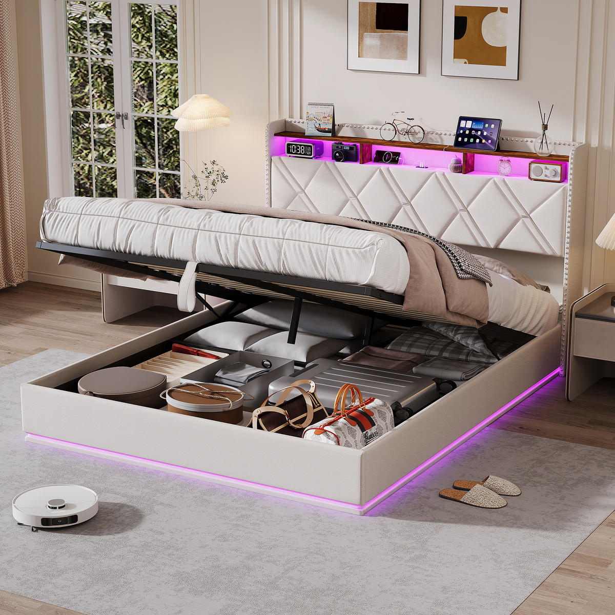 POLSTERBETT 160/200 cm Beige mit hydraulischem Stauraum, LED mit Ablage und USB - Beige, Metall (160/200cm) - EuroLiving