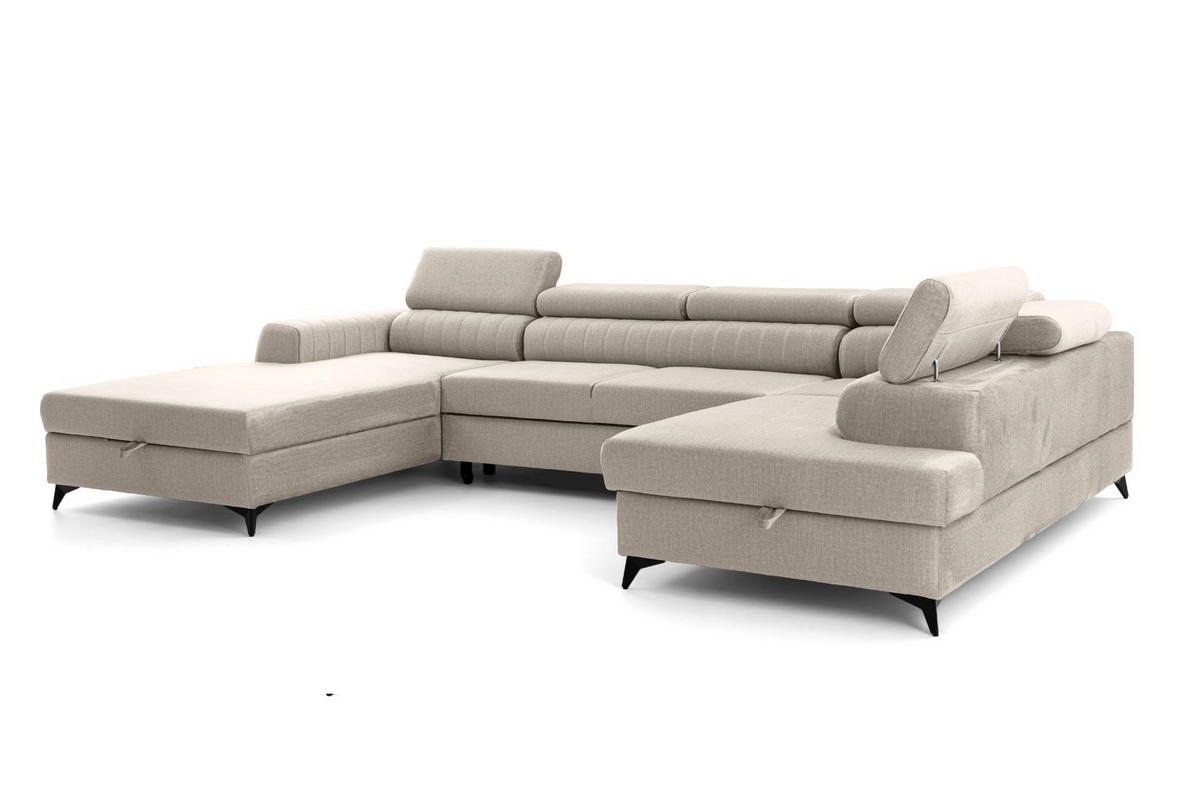 ECKSOFA U-Form PIERO U Rechts mit Schlaffunktion 125x260 Velours Creme - Creme/Schwarz, Holz/Textil (203/90/350cm) - Muffo