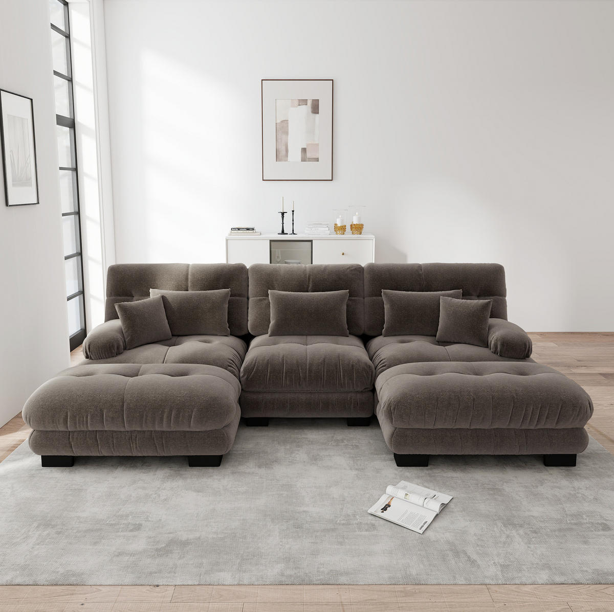 SOFA modular mit Ottomane U- oder L-Form Chenille Braun - Dunkelgrau, Kunststoff (145/81/313cm) - Meubliv