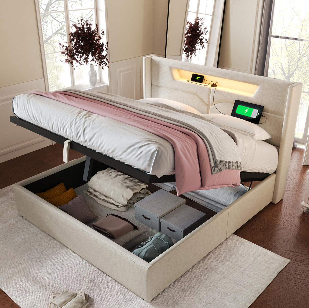 POLSTERBETT mit LED, USB und Stauraum 140x200 cm Beige inkl. Matratze - Beige, Metall (140/200cm) - Meubliv