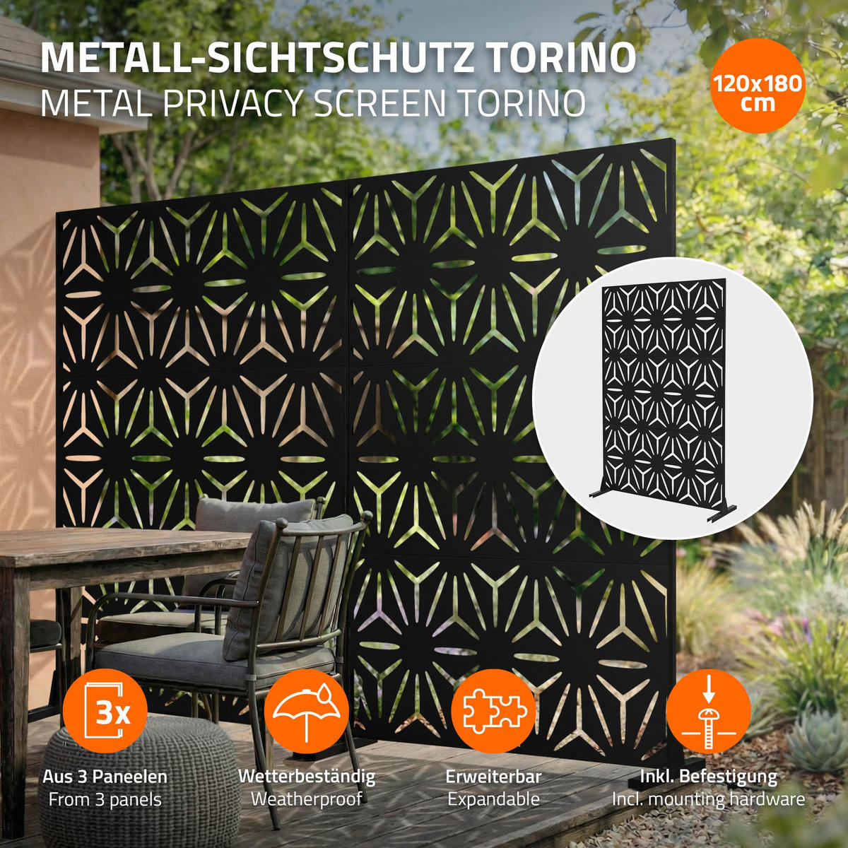 METALL-SICHTSCHUTZ Torino 120x180 cm Schwarz aus Stahl - Schwarz, Metall (120/183cm) - ML-DESIGN