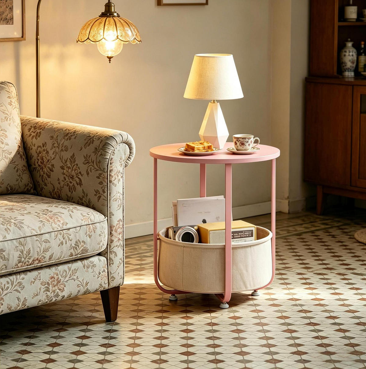 BEISTELLTISCH 45/45/50 cm mit Stoffkorb, Metallgestell und verstellbaren Füßen, Pink - Pink, Holzwerkstoff (45/45/50cm) - Redom
