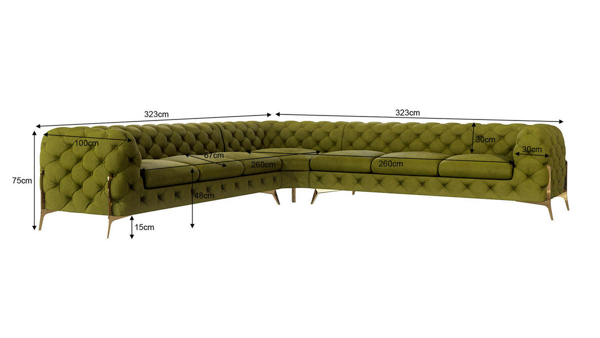 ECKSOFA Chesterfield Olive Schwarz Samt - Goldfarben/Olivgrün, Holz/Textil (323/323cm) - S-Style Möbel